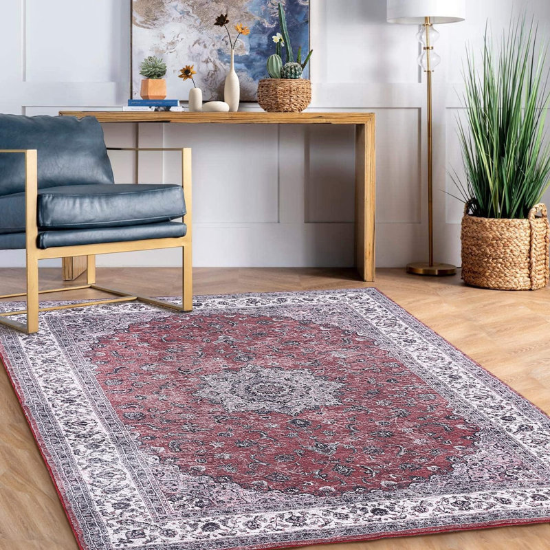 Rectangle Floral Washable Area Rug, Red, Rectangle 160 x 230 cm
