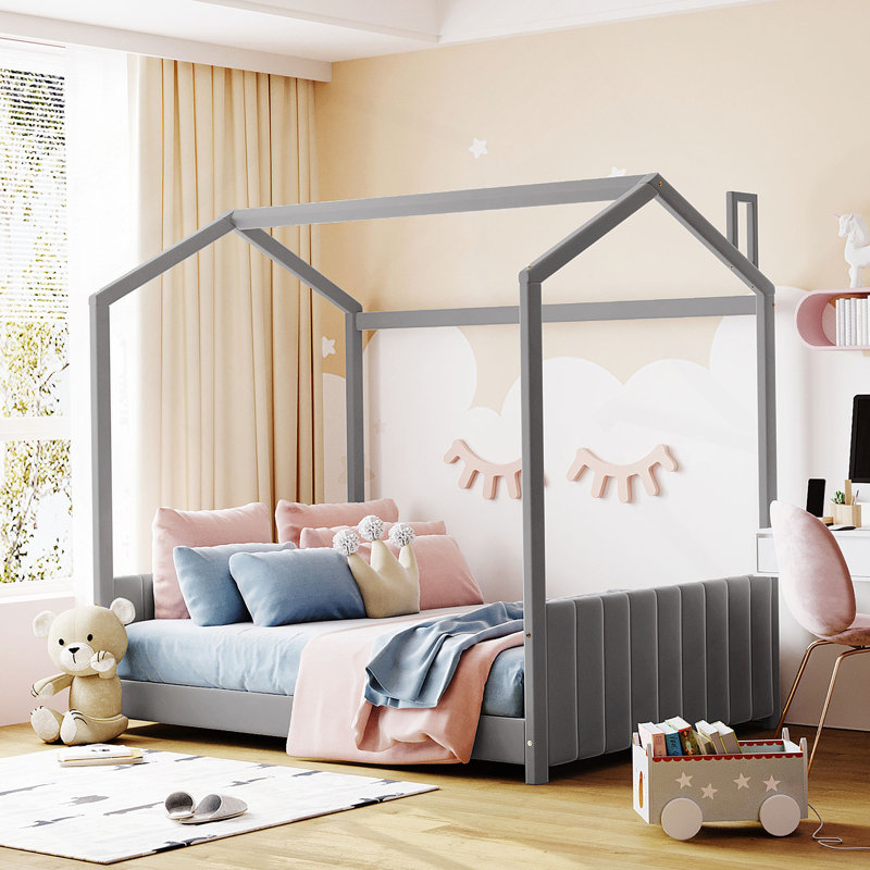 Lit en bois Velvet House, Gris, Double