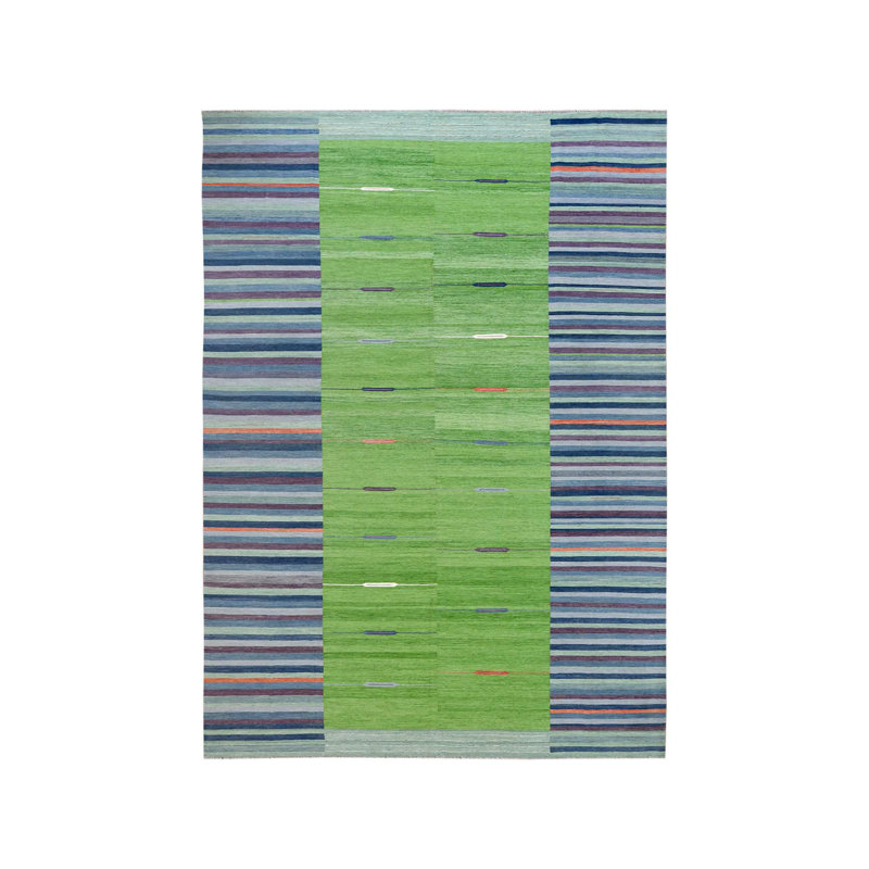 Tapis en laine tissé à la main à plat 10 pi 4 po x 14 pi 2 po à motif kilim rayé à motif de rayures