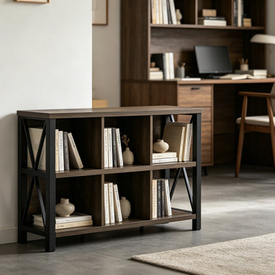 Horizontal Bookshelf With 6 Cubes, Modern Low Storage Organizer Bookcase For Living Room, Home Office, Entryway
