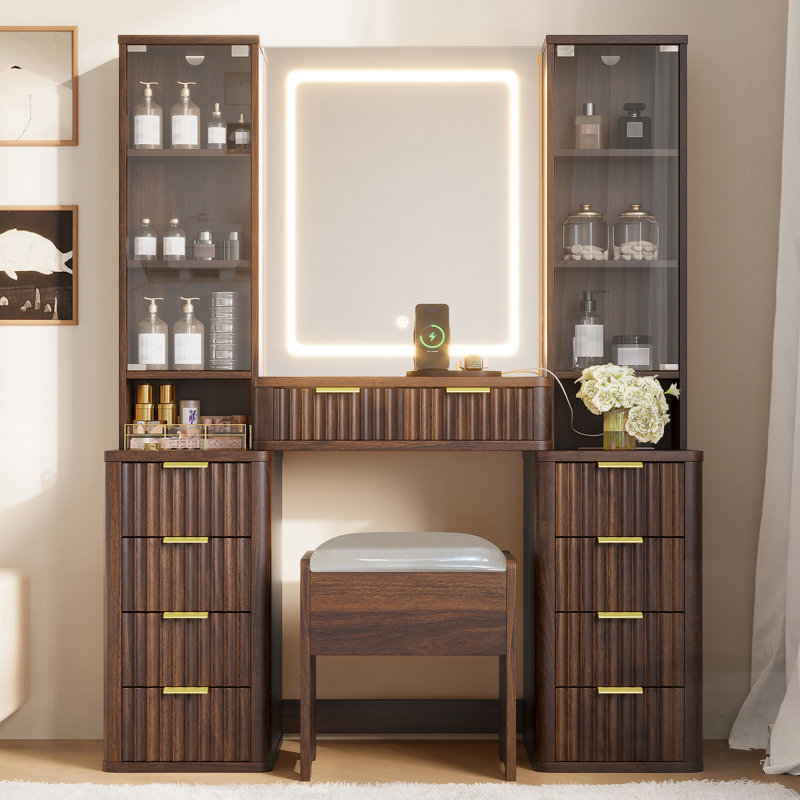 Modern Fluted Makeup Vanity Desk With LED Lights, 10 Drawers, 2 Glass Cabinets, And Charging Station For Stylish Organization