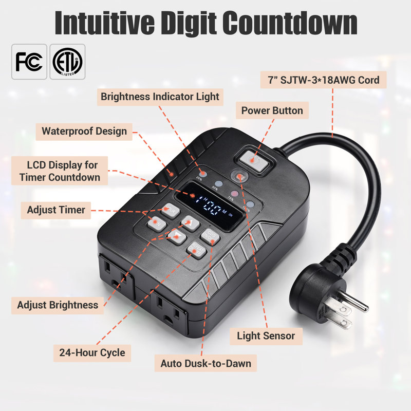 Yescom Outdoor Dimmer for String Lights 600W with Wireless Remote Control & Timer Dusk-to-Dawn 24H, IP44 Waterproof FCC ETL Listed
