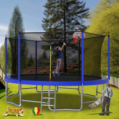 Trampoline 16FT avec barre d'équilibre et panier de basketball, trampoline d'extérieur renforcé de type ASTM avec filet d'enclos