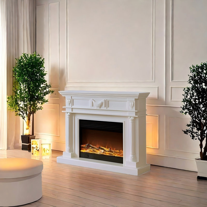 59.06"Ivory White Rubber Wood Landscape Electric Fireplace