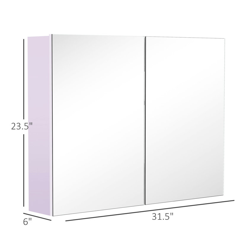 Miroir mural de salle de bain à double porte avec construction, l 31,5 po x P 6 po, H 23,5 po, blanc, planche d'ingénierie en bois et tablette inférieure pour le rangement, blanc