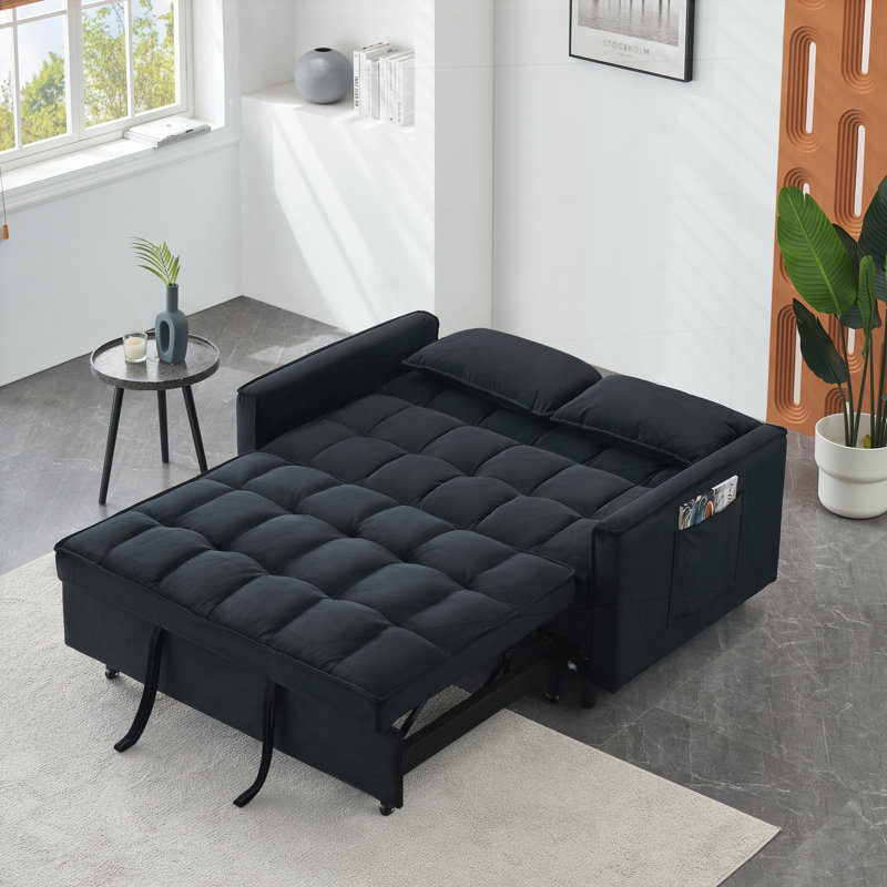 Modern 55" 3-in-1 couch folding sofa bed with two lumbar pillows for living room and office, Black Velvet