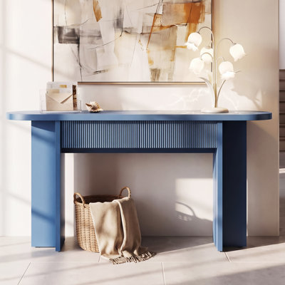 62.9 Inch Curved Console Table Behind Sofa, Narrow Wooden Console Table with Fluted Storage Drawer, Modern Entryway Sofa Table, Blue