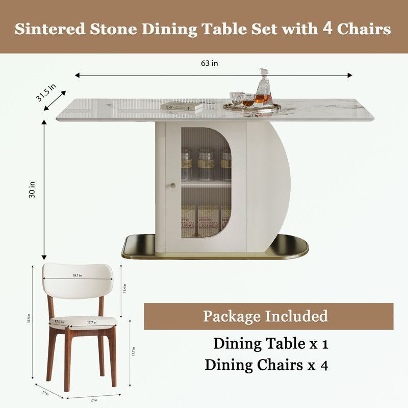 Ensemble 5 pièces de table et chaises de salle à manger avec armoire de rangement et porte vitrée
