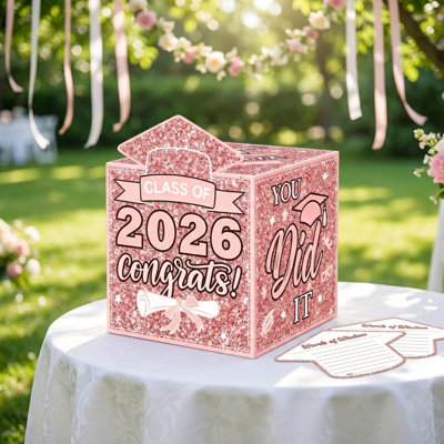 Class Of 2026 Graduation Advice Box Includes 50 Cards Pinks Glitter Graduation Wishes Box Designed For Class Of 2026 Graduation Party Decorations