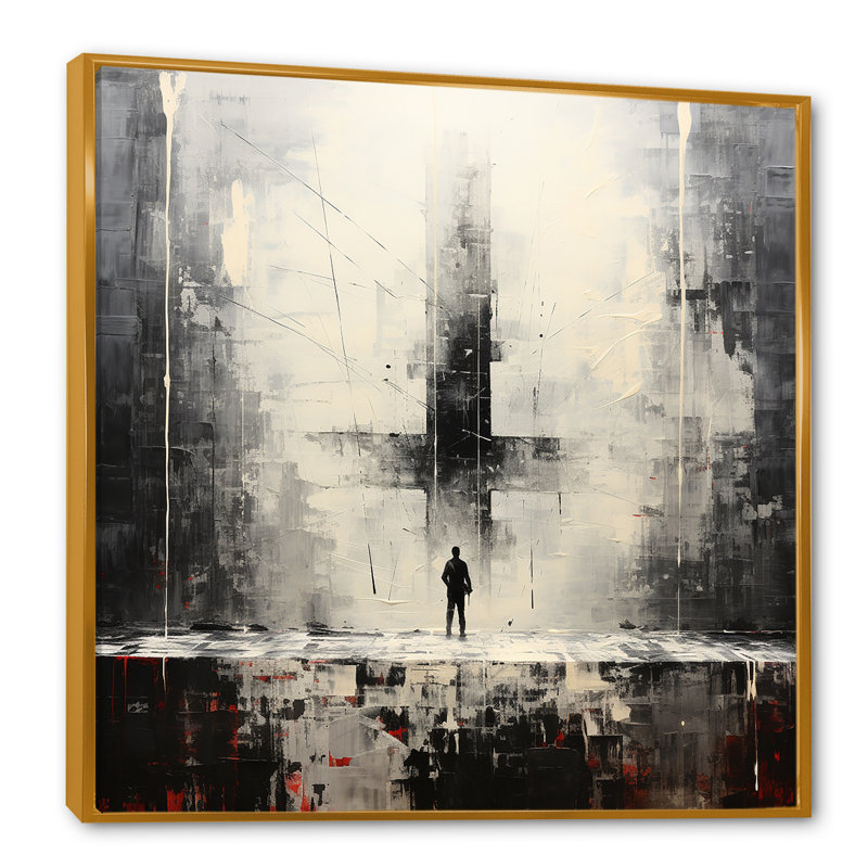 «Minimalisme noir et blanc posture de yoga I», reproduction sur toile, Cadre flottant doré, H 16 po x l 16 po x P 1 po