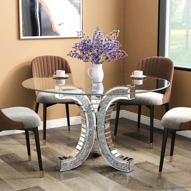 Table de salle à manger en verre trempé de 52 po. Conception moderne pour la cuisine et la salle à manger. Installation rapide. Accueille 4 à 6 personnes. Argent. + Table ronde assemblée. Chambre de luxe. Assemblage simple en 3 étapes. Sièges créés