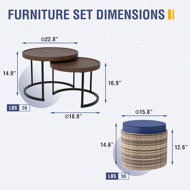 22.8 in. Round Wood Top Nesting Coffee Tables and Ottoman with Beige Cushion, Navy