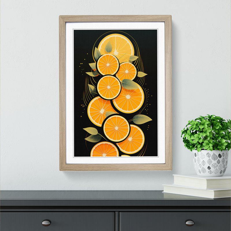Sliced Orange Art Deco - Single Picture Frame Print on Wood, 46cm H x 34cm W x 2cm D, Oak Framed