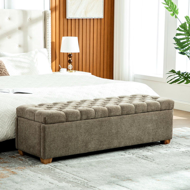 Banc de rangement en chenille de 60,2 po de largeur, tabouret d'appoint rabattable avec pieds en bois d'hévéa, capacité de 300 lb, résistant aux égratignures, trous de ventilation, charnières pour fenêtre