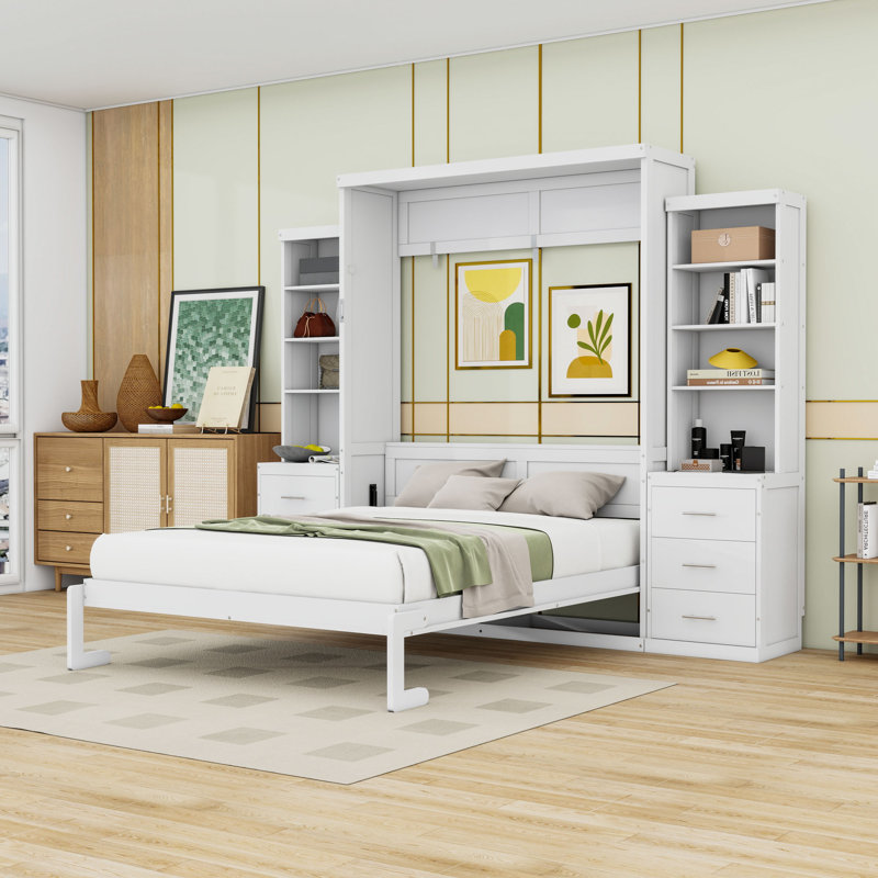 Lit escamotable double en bois avec tablettes de rangement et 6 tiroirs, White