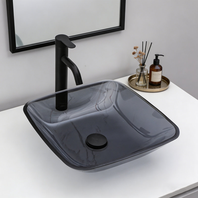 Lavabo de salle de bain vasque carré en verre trempé 16 "avec bonde