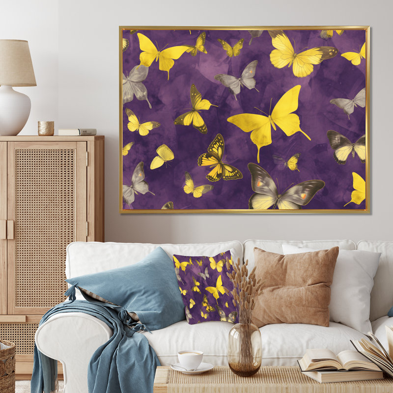 Papillon jaune et mauve, H 34 po x l 44 po x P 1,5 po, Cadre flottant doré