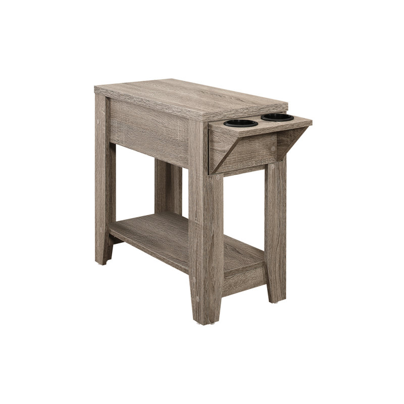 Table d'appoint compacte compacte en stratifié taupe foncé, pour optimiser le rangement du salon et de la chambre à coucher avec porte-gobelet rabattable spacieux