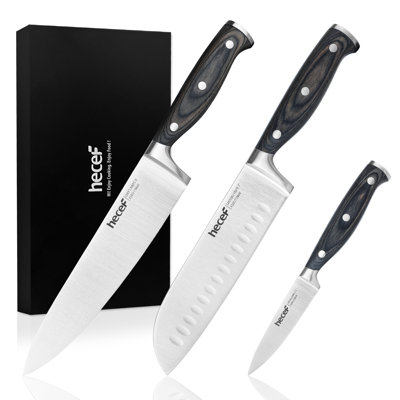 Hecef 3‑Piece Knife Set – German Steel 5Cr15mov, 15° Hand‑Honed Edge, Ergonomic Pakkawood Handles, Gift Box (Chef 8", Santoku 7", Paring 3.5")
