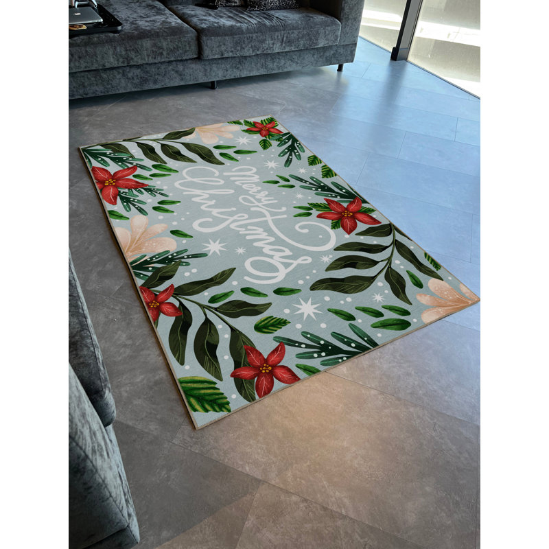 Tapis bleu clair clair «Merry Christmas» à motif de flocons de neige et de fleurs, Rectangle 3 pi 11,24 po x 5 pi 10,87 po