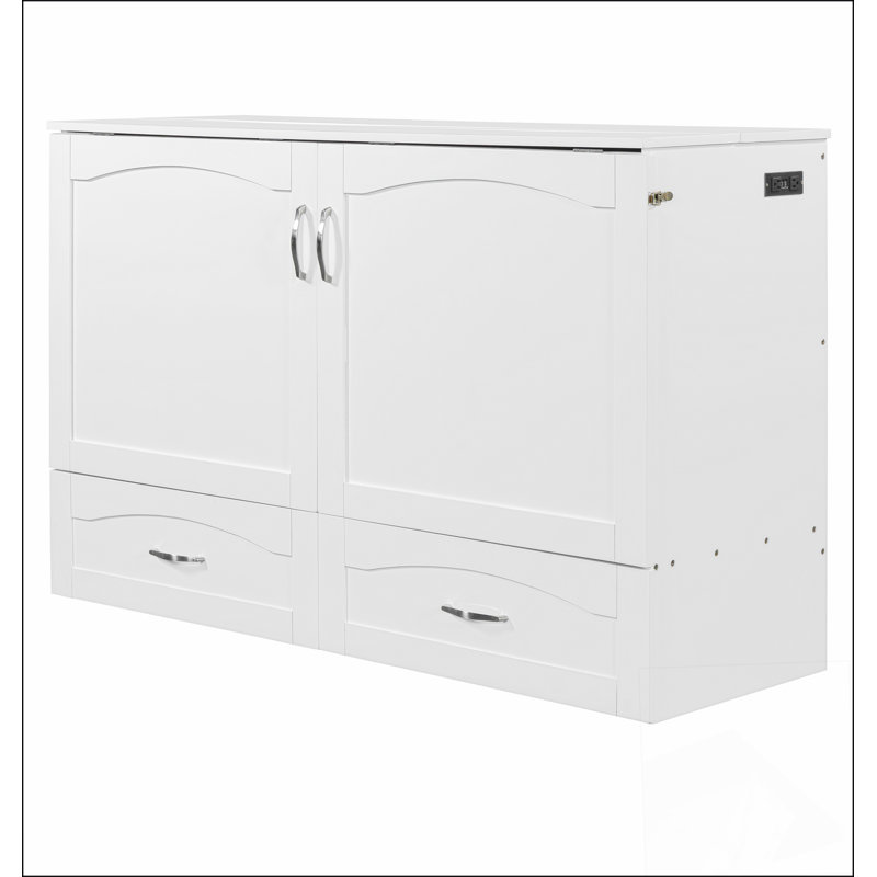 Grand lit escamotable mural avec tiroir et un ensemble de prises et de ports USB, structure à poulie