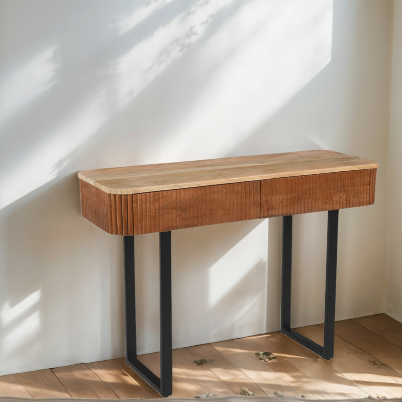 Solid Wood Entryway Table With Storage,Narrow Console Table With Fluted Design & Metal Legs, Functional Sofa Table For Hallway