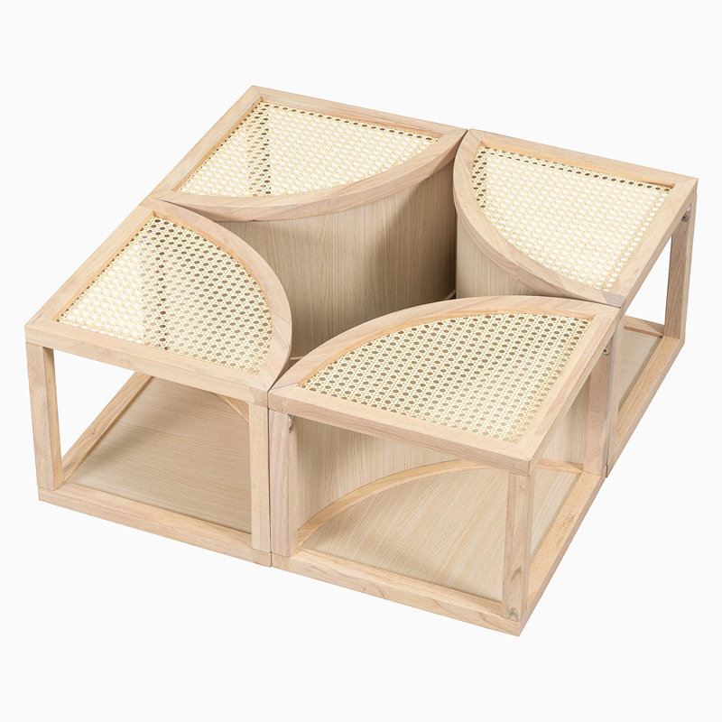 Round To Square Block Modular Coffee Table Light Natural Rattan With Storage 4 Piece