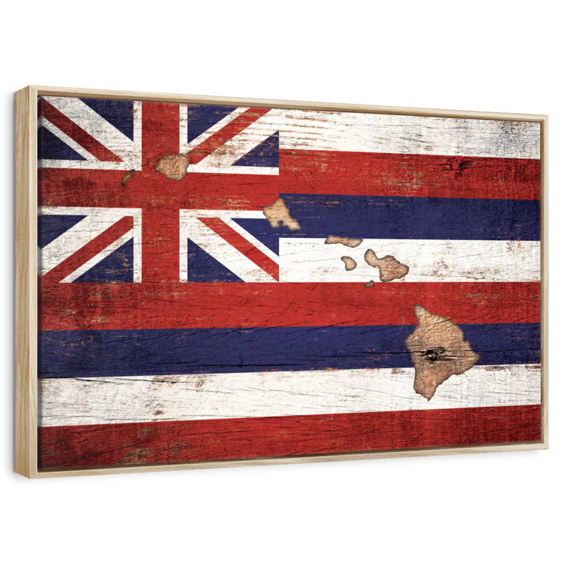 Carte d'État sur le drapeau d'Hawaï, 19 po x 13 po, Cadre flottant en bois naturel