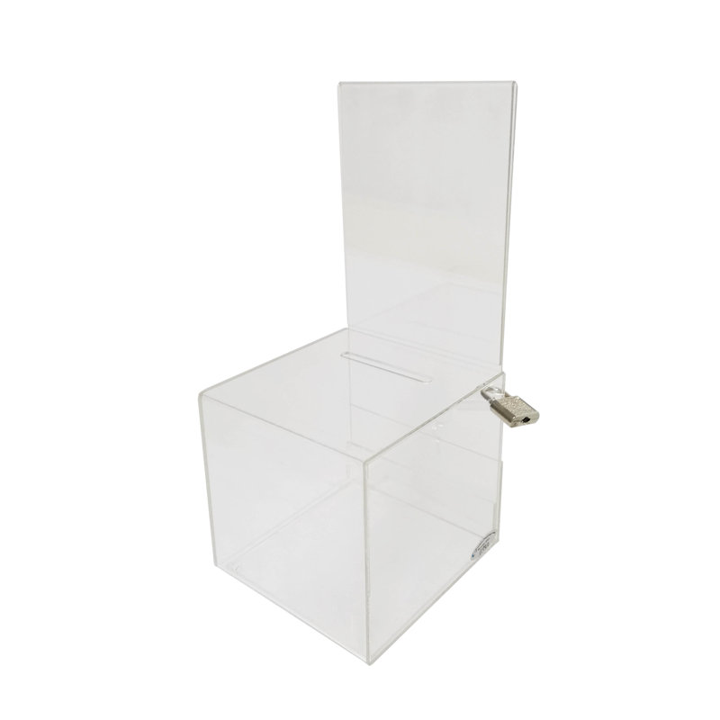 Petite boîte de collecte de fonds carrée en plexiglas transparent offrant une boîte de collecte de fonds 4,25 po x 4,25 po x 9,9 po