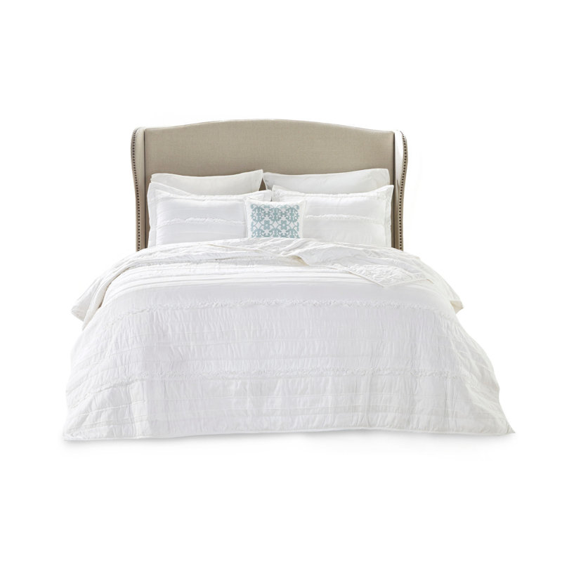 4 Piece Microfiber Reversible Ruffle Quilt Set With Throw Pillow White, Full Quilt + 3 Additional Pieces