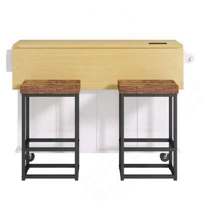 Farmhouse Kitchen Island with Drop Leaf and 2 Seatings, Kitchen Table Set with Storage Cabinet, Drawers, Door Shelves and Power Outlet