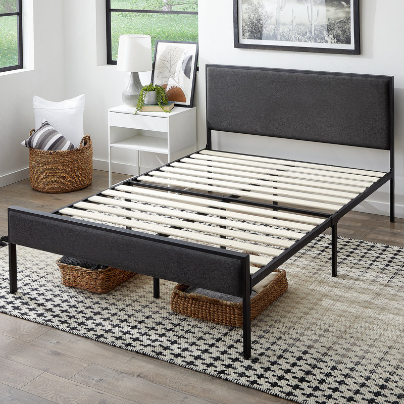 Structure de lit plateforme en métal avec tête de lit tapissier Edenbrook, gris anthracite