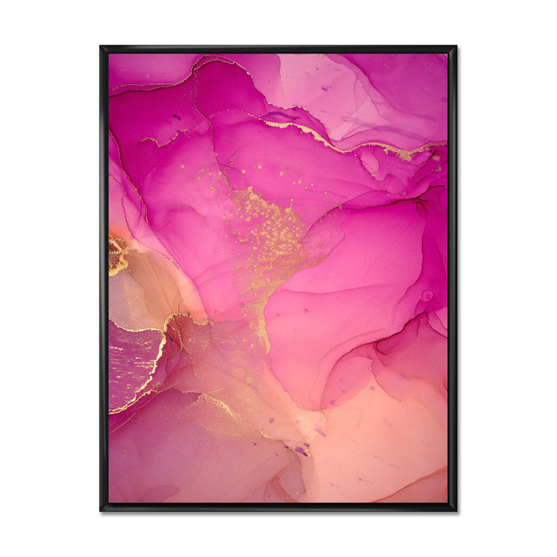 «Pink and Gold Ink Clouds», peinture sur toile, Cadre flottant noir, H 40 po x l 30 po x P 1,5 po