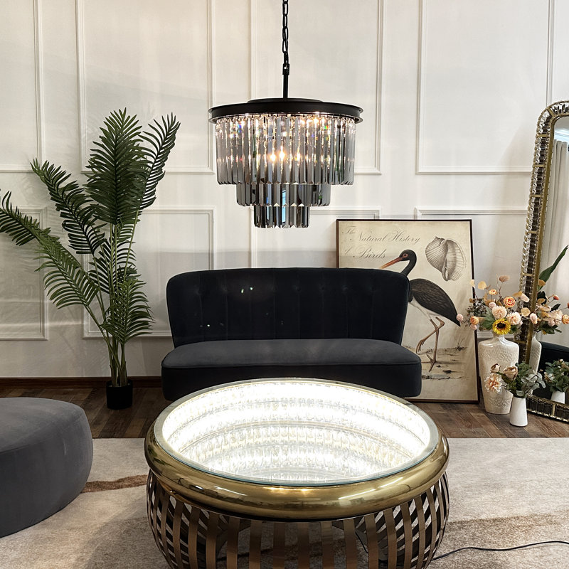 6-Lights Modern 3-Tier Round Fringe Crystal Chandelier, Black