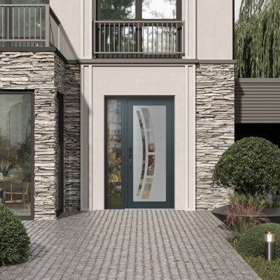 C12 droite 52 po X 80 po Panneau d'entrée en acier argenté anthracite et verre transparent à panneau avec porte d'entrée avant en verre transparent Sidelite