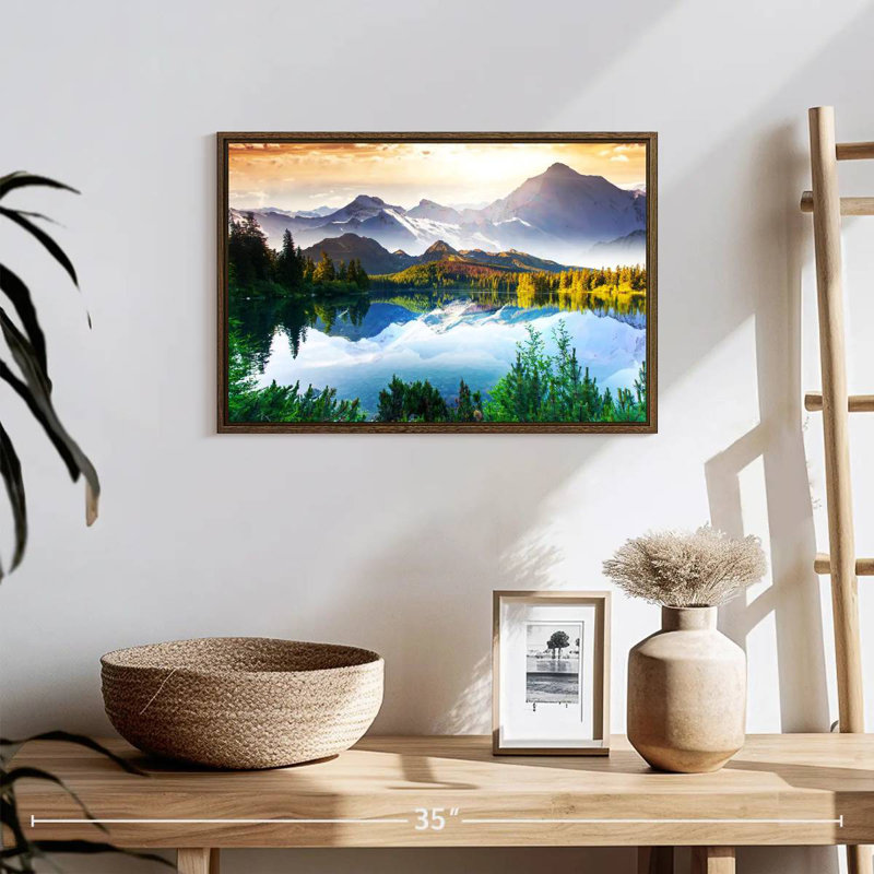 Montagne et lac au lever du soleil, 19 po x 13 po, Cadre flottant noyer