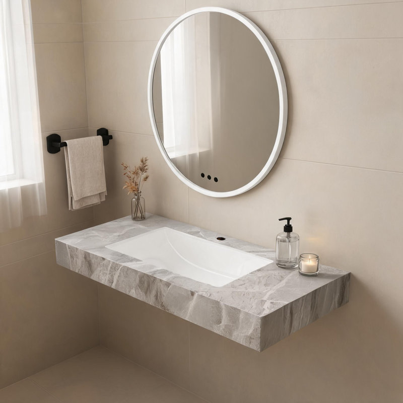 Lavabo encastré de 91 cm (36 po) en céramique gris pâle et pierre frittée, avec trou pré-percé pour robinetterie et trop-plein.