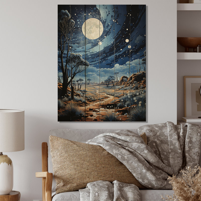 Motif pointillisme clair de lune bleu marine et beige sur bois, H 20 po x l 10 po x P 0,78 po