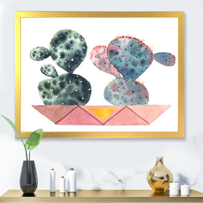 Duo de cactus dans des pots géométriques roses - Peinture sur toile