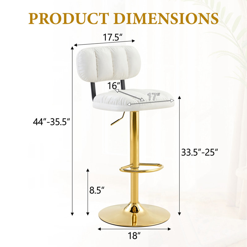 Ensemble de hauteur de bar réglable avec pieds chromés et 2 tabourets de bar rembourrés en similicuir, Gold,White