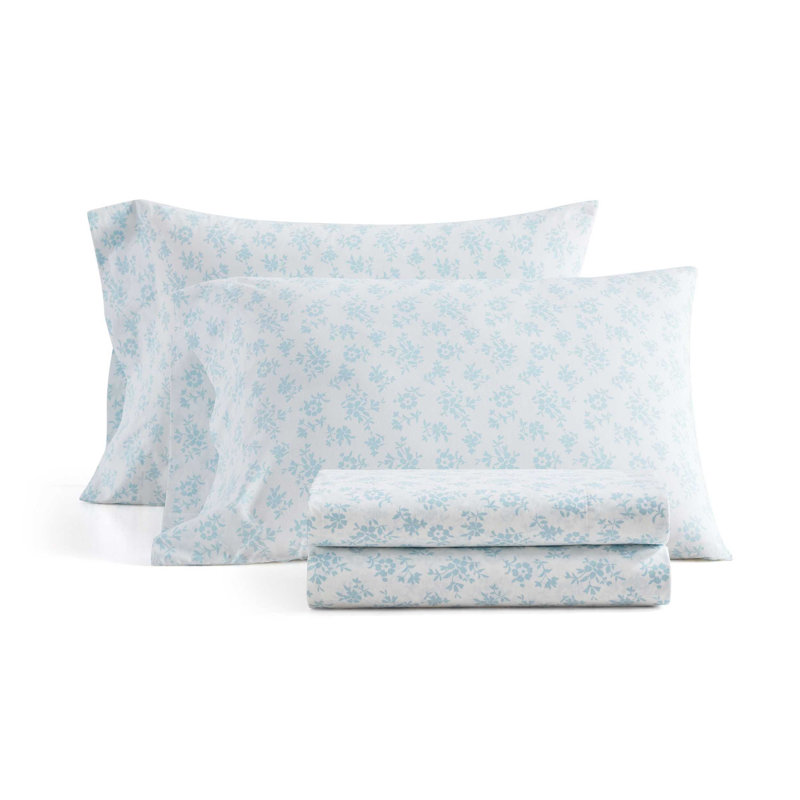 Martha Stewart Printed Cotton Percale Sheet Set, King Sheet Set with 2 Pillowcases, White Floral
