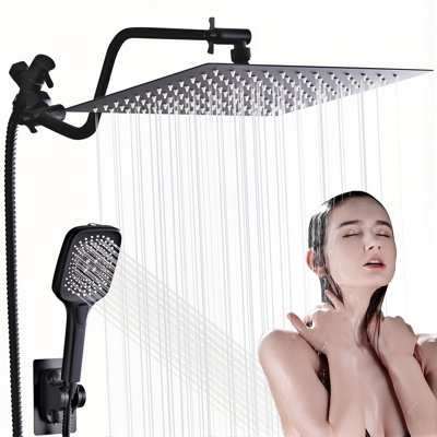 Pomme de douche à pluie haute pression 8 po noir mat avec bras réglable