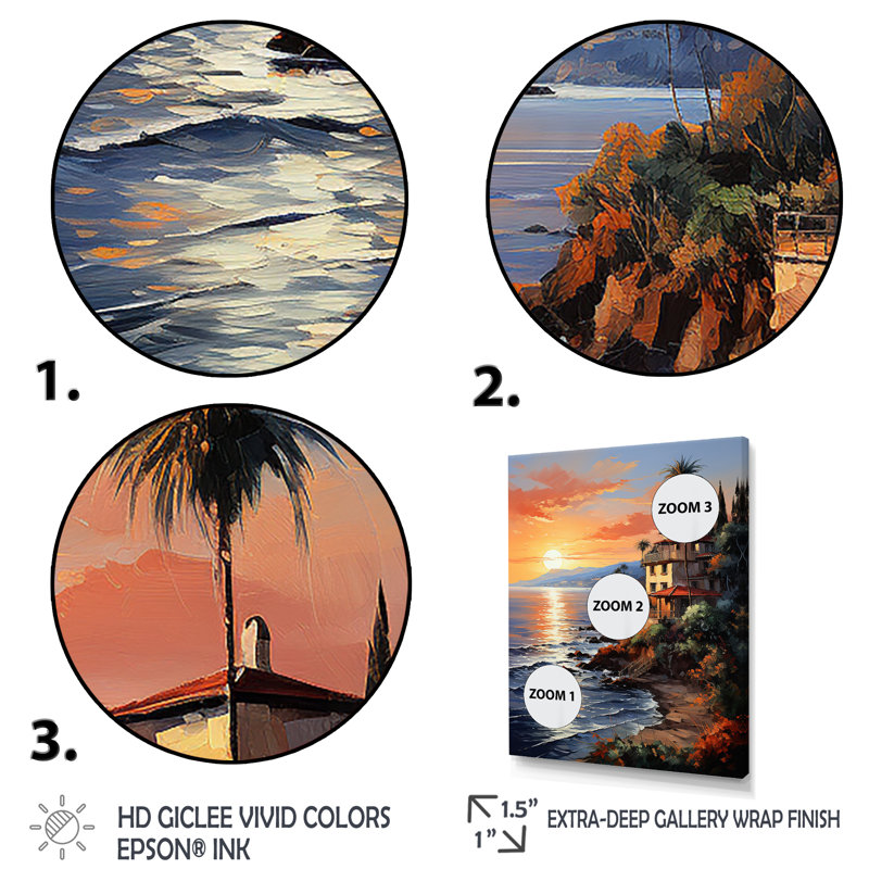 Espagne, coucher de soleil sur la Costa Del Solin I sur toile, Encadrement doré, H 40 po x l 30 po x P 1,5 po