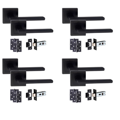  4 Sets Leon Design Straight Door Handles on Square Rose in Matt Black Finish with 1 Pair of 3" Ball Bearing Hinges and Tubular Latch