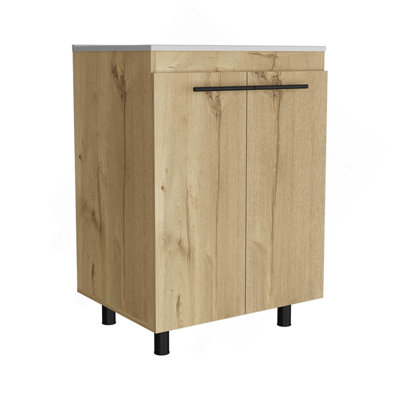 Armoire sur pied autoportante à quatre pieds, deux portes, deux tablettes, chêne clair