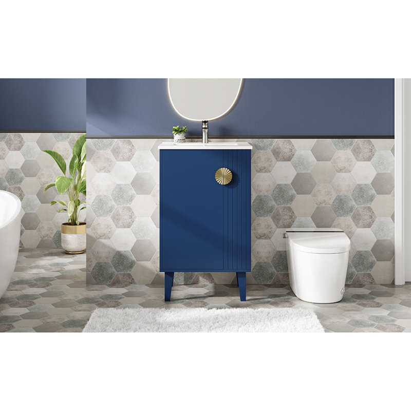 Ensemble de meuble-lavabo compact de style français avec lavabo en céramique, bois bleu, conception peu encombrante