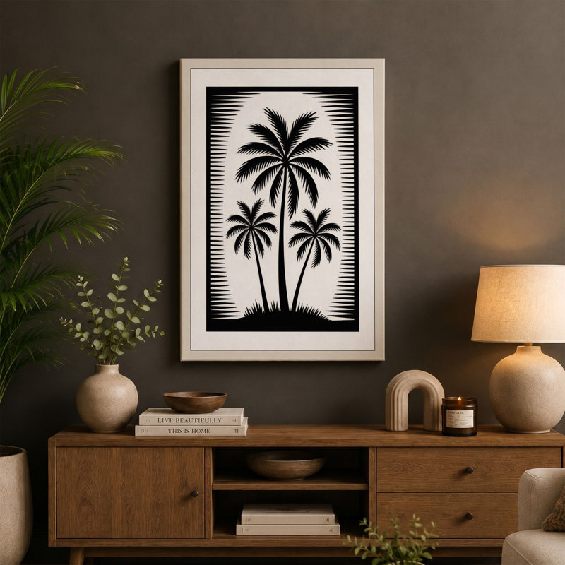 Three Palms Tropical 1 Piece Wrapped Canvas Wall Art, 36x24 - 91.4 x 61.0 cm, Taupe Border