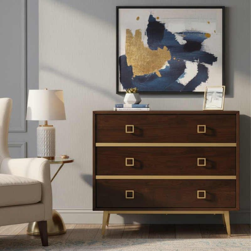 Elegant Bronislawa 3 Drawer Nightstand – Durable Retro Chic Walnut Bedroom Chest with Gold Accents, Walnut/Gold