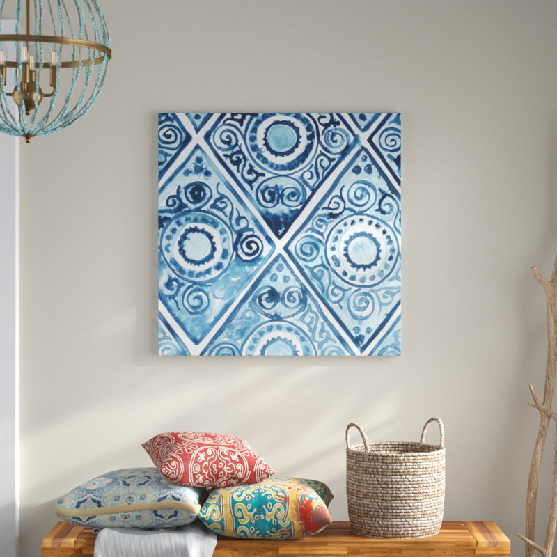 «Indigo Sampler I», peinture sur toile, Cadre blanc, H 13,625 po x l 13,625 po