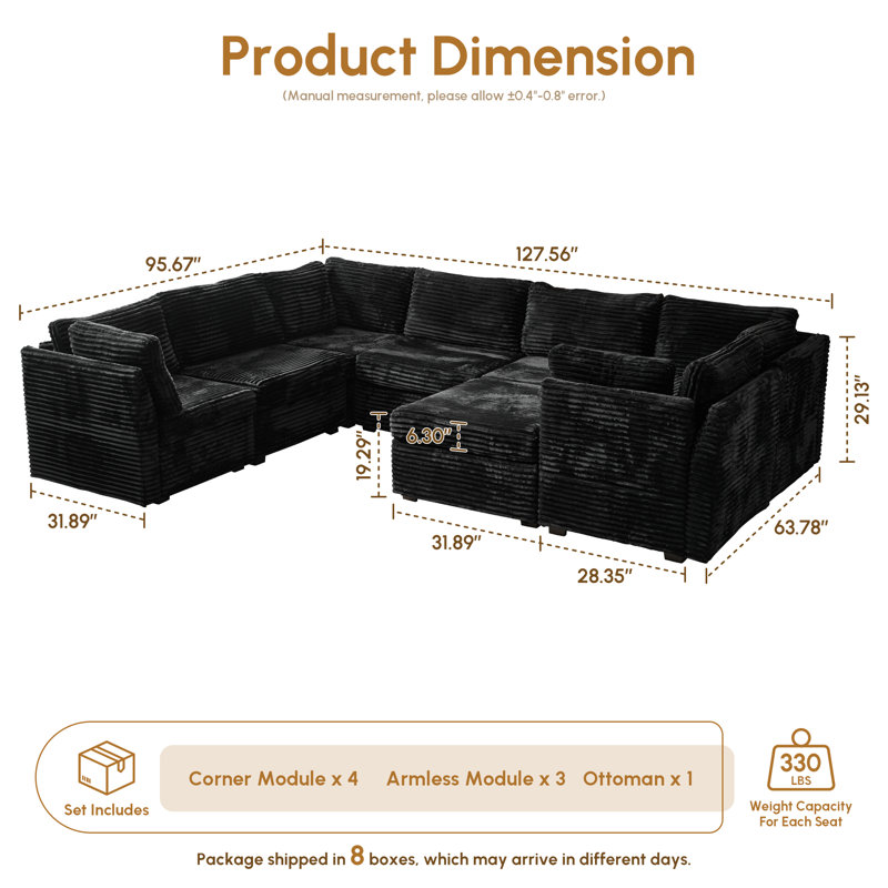 Canapé modulaire de 103 po en forme de nuage, canapé modulaire en velours côtelé 8 pièces avec repose-pieds, canapé de Noël douillet sans assemblage en beige / gris / noir